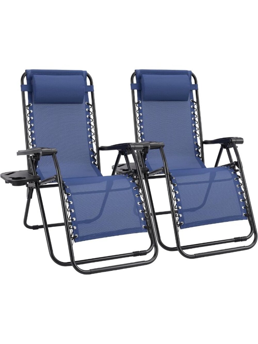 Set of 2 Outdoor Folding Reclining Lounge Chairs with Cup Holder & Pillow